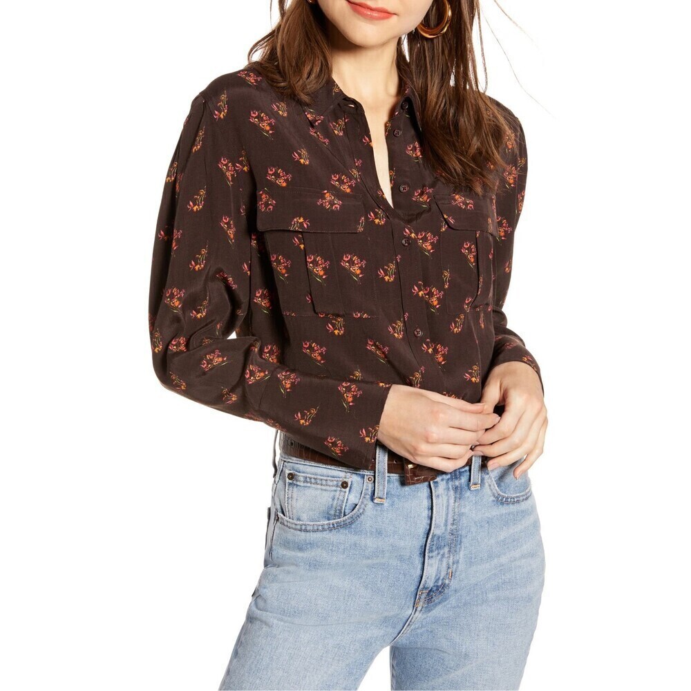 Something Navy Women's Utility Long Sleeve Blouse Brown Ganache Size S $150